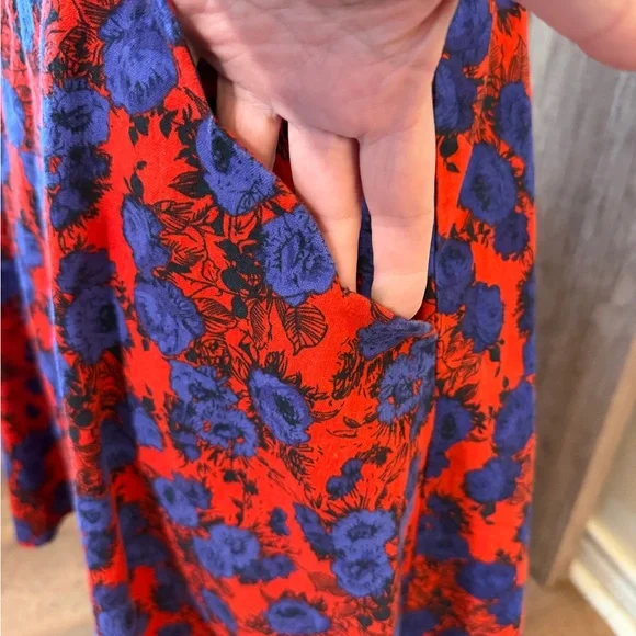 Retro Rockabilly Floral Linen Cotton Blend Dress w Pockets Size Large red blue - Picture 4 of 16